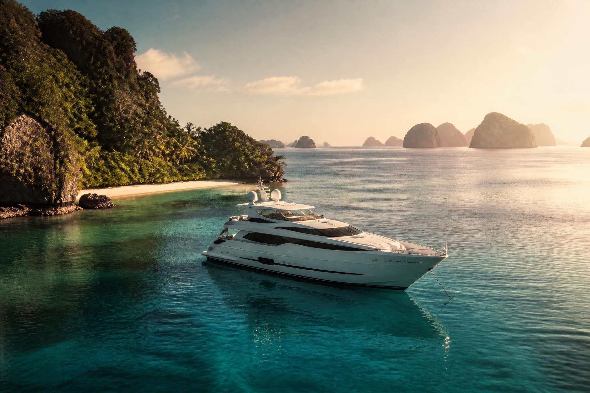 A white motor yacht at anchor in calm turquoise water near a tropical Thai island at golden hour